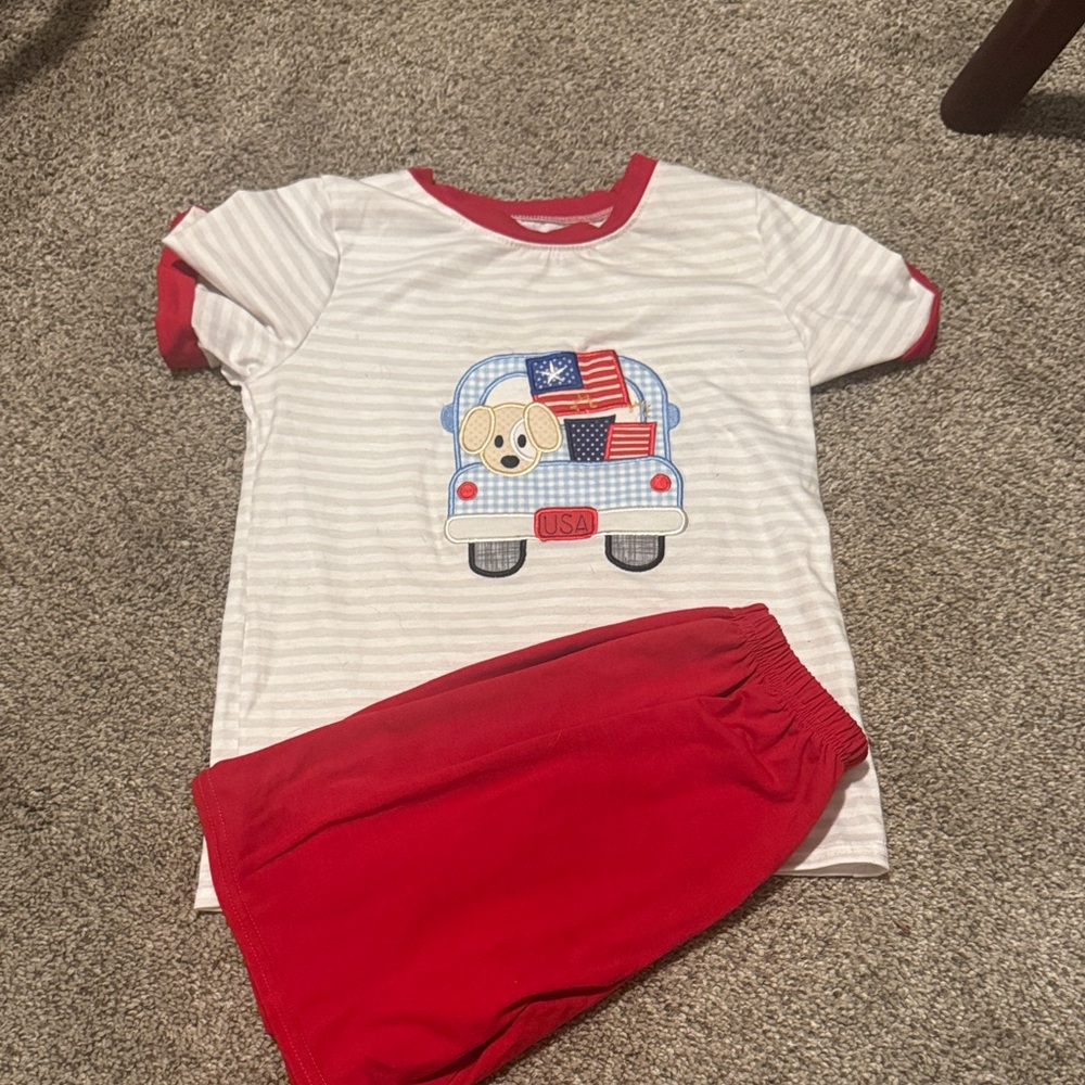 Kids patriotic smocked embroidered outfit with Car and Dog Design